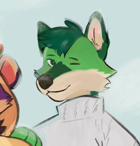 Artwork of Breeze, a green fox fursona